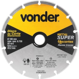 Disco de Corte Diamantado Segmentado P/ Metais 180mm VONDER Disco de Corte Diamantado Segmentado P/ Metais 180mm VONDER