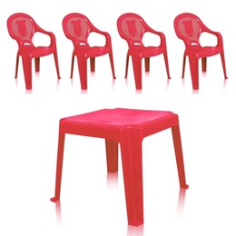 Kit 1 Mesa 45x45cm e 4 Cadeiras Decoradas Teddy Infantil Vermelha